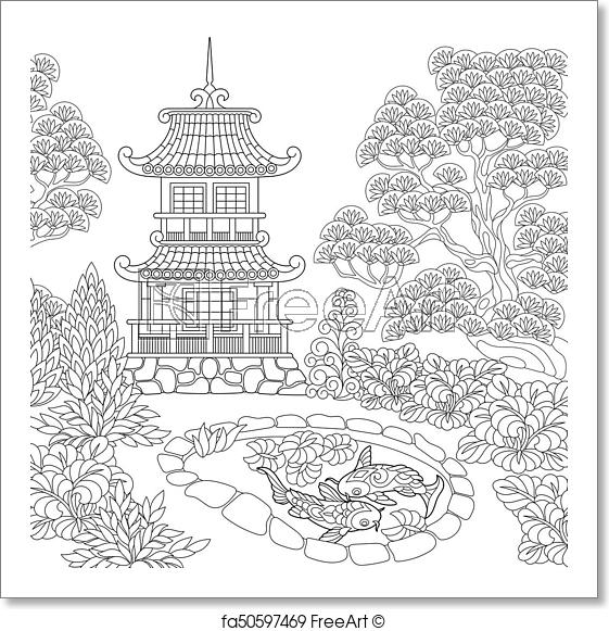 561x581 Free Art Print Of Zentangle Stylized Pagoda. Coloring - Japanese Pagoda Sketch