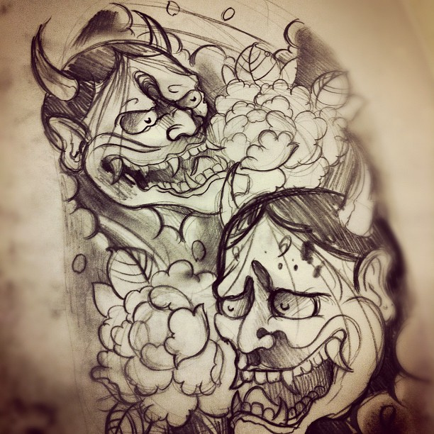 612x612 Hannya Masks - Japanese Tattoo Sketch