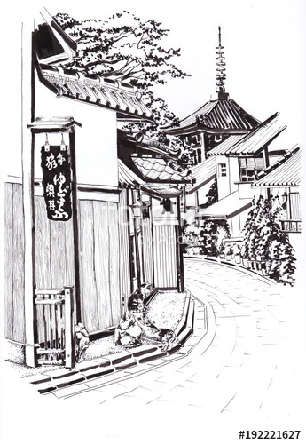 345x500 The Street Of The Japanese Town. The Road With Old Japanese Houses - Japanese Temple Sketch