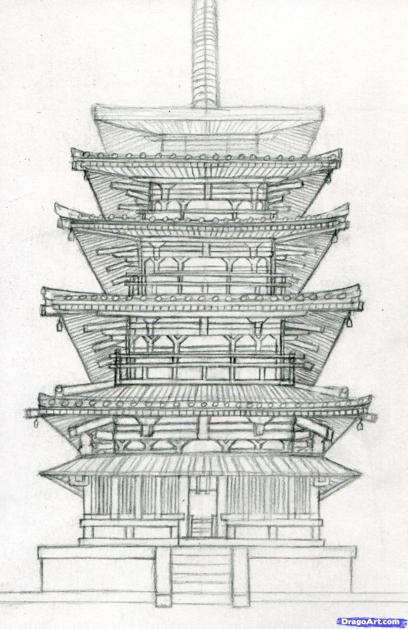 1350x2082 How To Draw A Pagoda, Japanese Pagoda Step 15 Detail Drawings - Japanese Temple Sketch