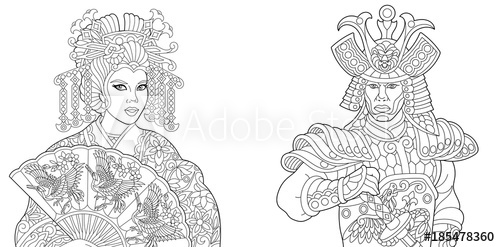 500x247 Coloring Book. Coloring Page. Geisha (Oriental Dancing Actress - Japanese Warrior Sketch