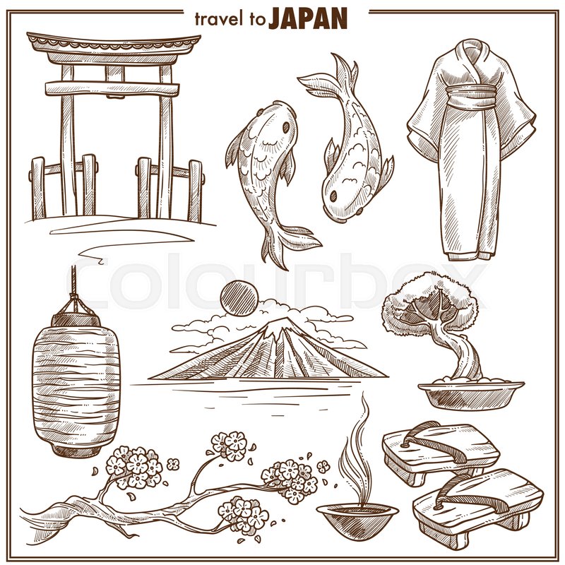 800x800 Japan Travel Famous Landmark Sketch Symbols And Culture Tourist - Japanese Water Sketch