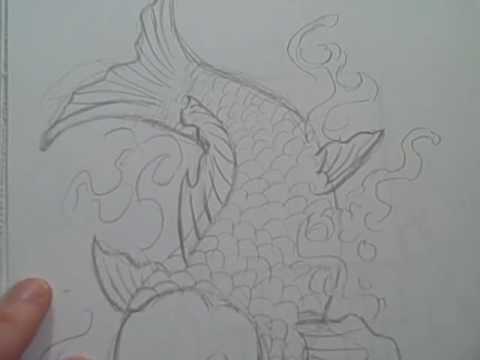480x360 Koi Fish Japanese Tattoo Design Draft - Japanese Water Sketch