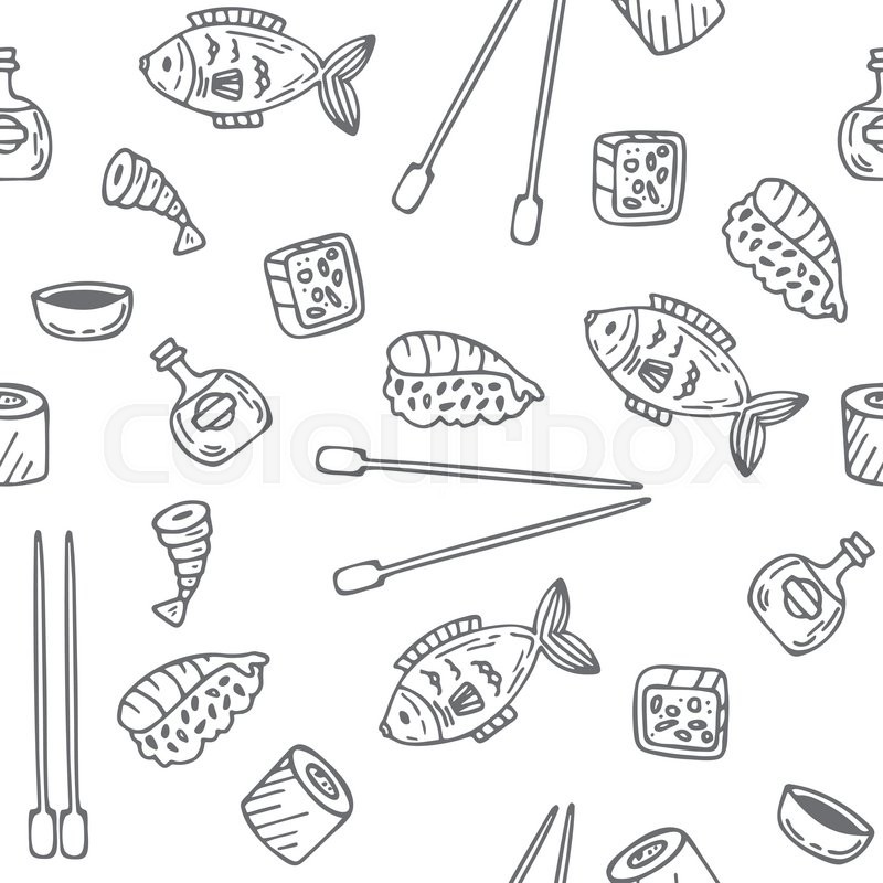800x800 Sushi And Rolls Seamless Pattern. Hand Drawn Sketch Japanese Food - Japanese Water Sketch
