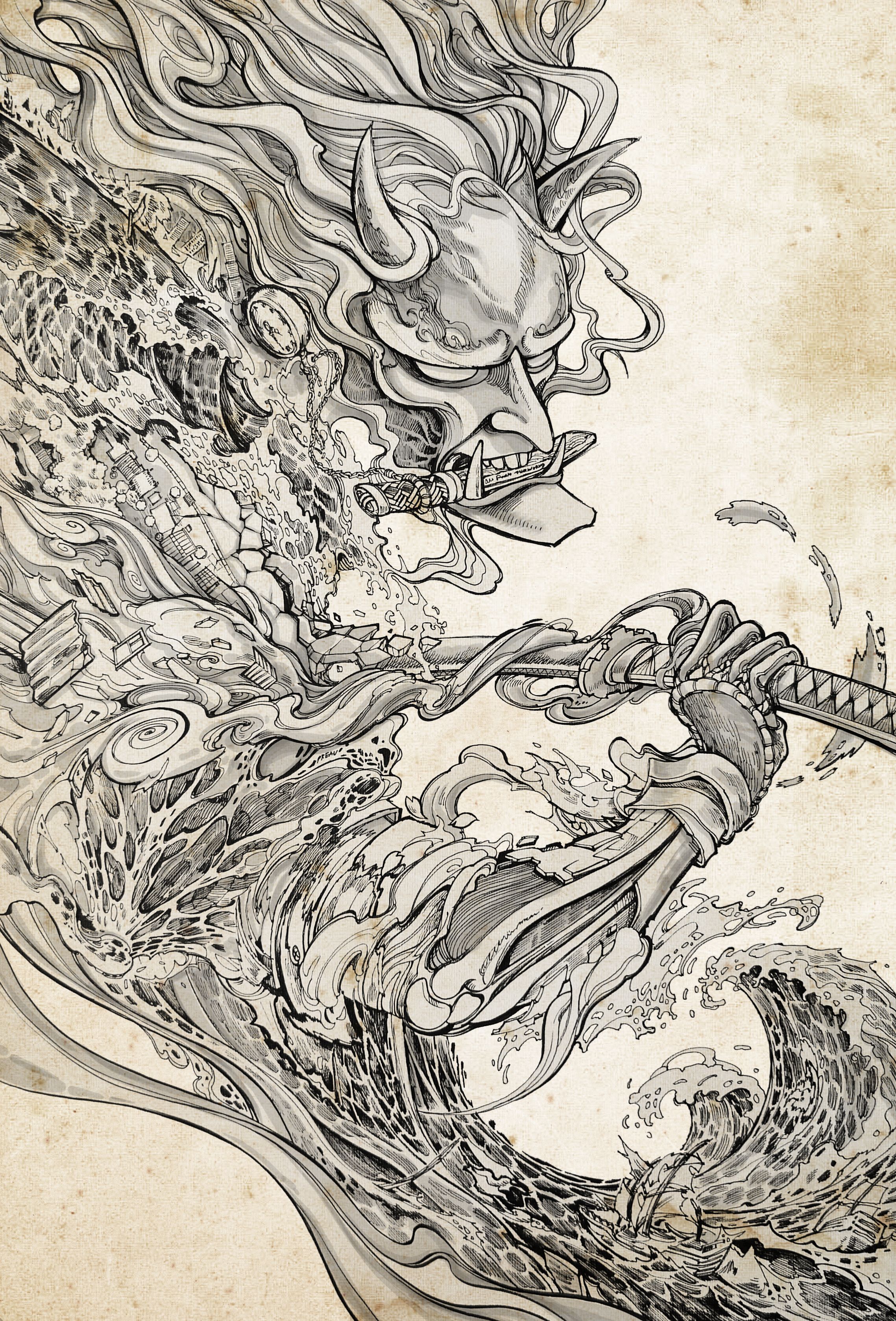 2277x3356 Hannya Chapter 1 Tattoo, Samurai And Tatoo - Japanese Water Sketch