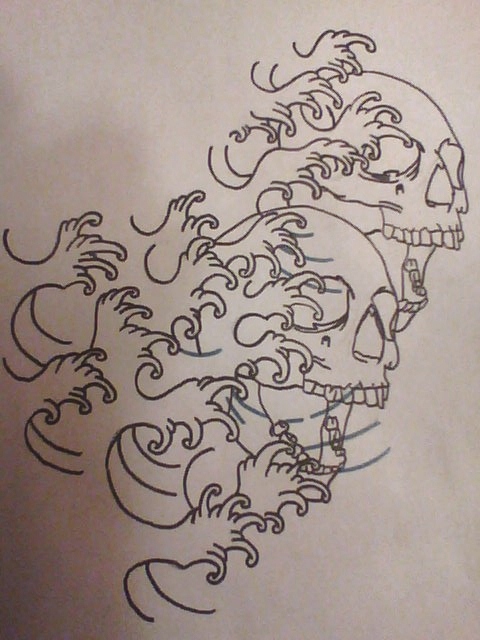 480x640 Collection Of Skull Waves Tattoos Sketch - Japanese Wave Sketch