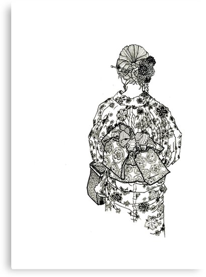 410x550 Geometric Drawing Japanese Woman Wearing Floral Yukata Kimono - Japanese Woman Sketch