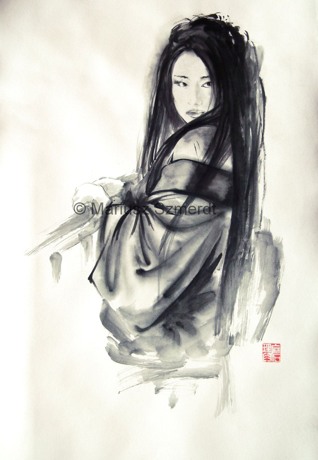 1039x1500 Japanese Ink Painting - Japanese Woman Sketch