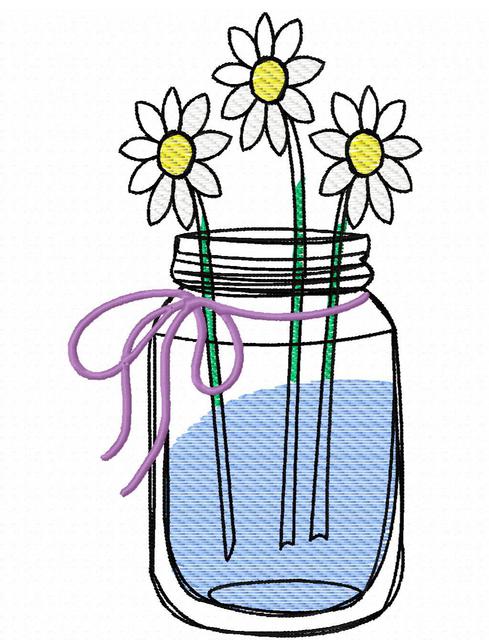 489x640 Daisies In Mason Jar Sketch Embroidery Design Jazzy Zebra Designs - Jar Sketch