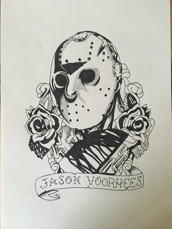 570x760 Jason Voorhees Tattoo Style Ink Drawing Etsy - Jason Sketch