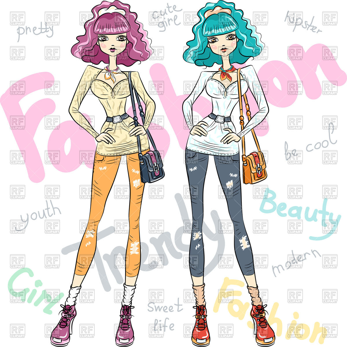 1200x1200 Beautiful Fashion Models In Jeans, Shirt, Boots With Handbags - Jeans Sketch