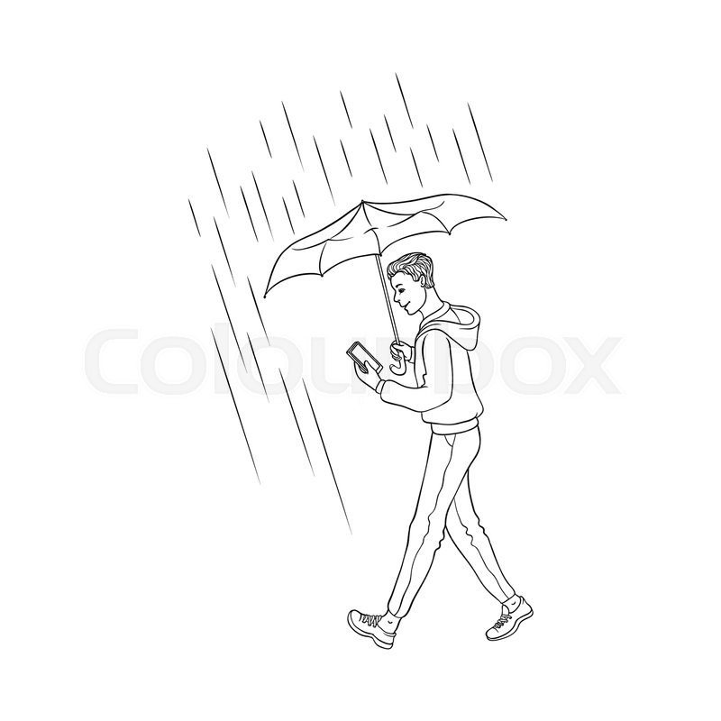 800x800 Vector Sketch Cartoon Young Man Walking Holding Umbrella Under - Jeans Sketch