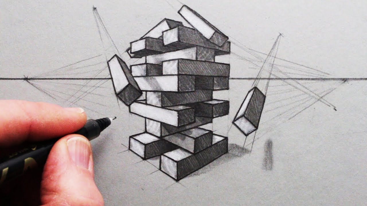1280x720 How To Draw Using 2 Point Perspective A Jenga Tower Of Blocks - Jenga Sketch