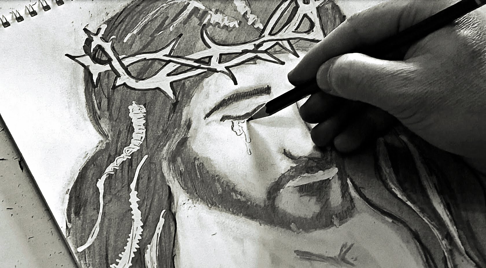 1680x927 Jesus Bloody Tears - Jesus Pencil Sketch