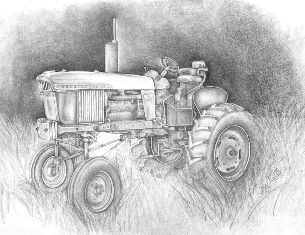 1000x773 Graphite Charcoal John Deere Tractor Drawing Illustration Art I - John Deere Sketch