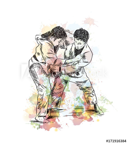 444x500 Watercolor Sketch Of Playing Judo Karate In Vector Illustration - Judo Sketch