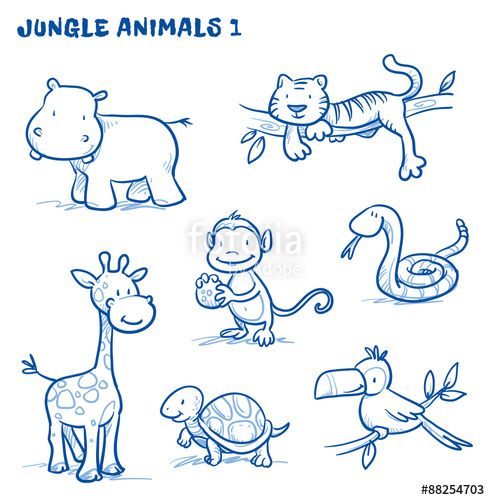490x500 Vektor Cute Cartoon Jungle, Safari Animals. Hippo, Tiger, Giraffe - Jungle Animal Sketch
