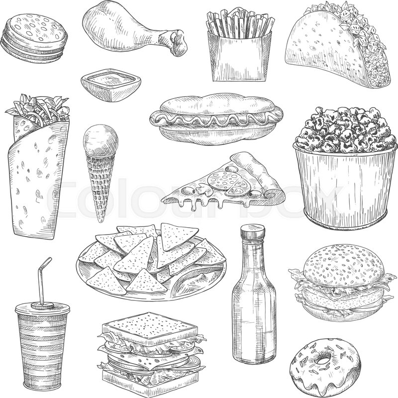 800x799 Fast Food Sketch Icons. Vector Isolated Hamburger Sandwich - Junk Sketch