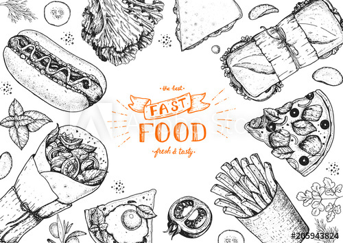 500x354 Fast Food Sketch Collection. Vector Illustration. Junk Food Set - Junk Sketch