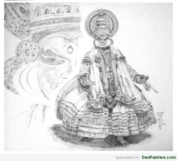 720x648 Pencil Sketch Of Kathakali Dancer - Kathakali Sketch