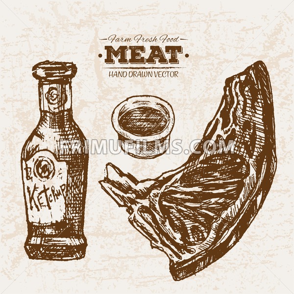 600x600 Hand Drawn Sketch Steak Meat And Ketchup, Farm Fresh Food, Black - Ketchup Sketch
