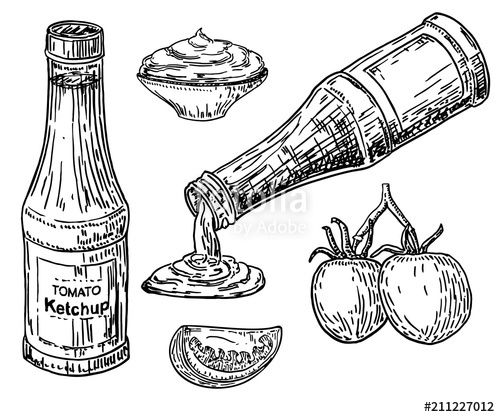 500x417 Ketchup Sauce Bottle With Tomatoes. Traditional Glass Tomato - Ketchup Sketch