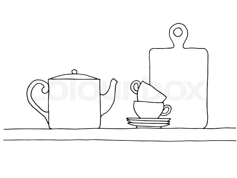 800x600 Sketch Of A Shelf With A Kettle, Cups And A Cutting Board. Vector - Kettle Sketch