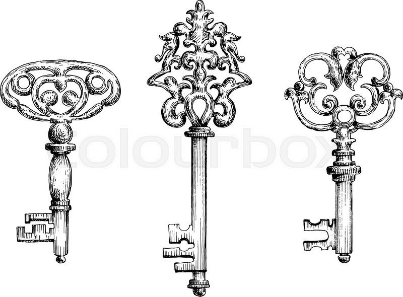 800x590 Old Vintage Key Skeletons Set. Vector Sketch Style. Isolated On - Key Sketch