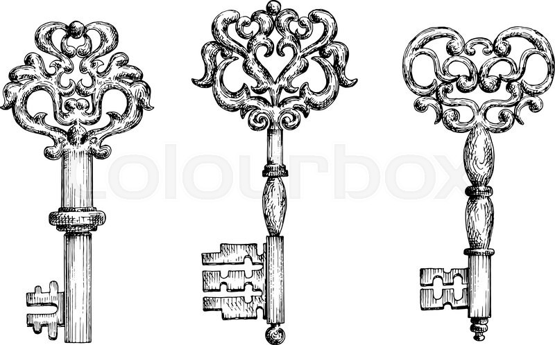800x498 Vintage Keys Sketch Icons For Tattoo Or Medieval Stylized Design - Key Sketch