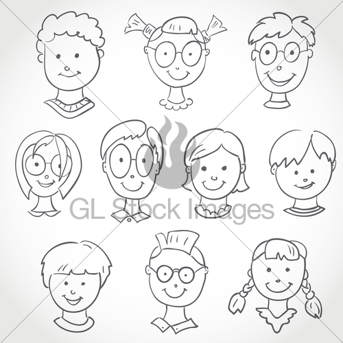 500x500 Kids Face Set Sketch Gl Stock Images - Kids Face Sketch