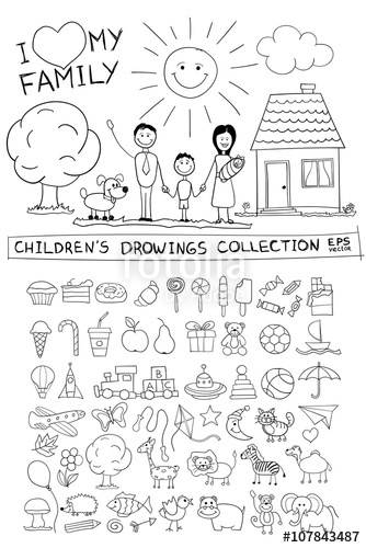 334x500 Child Hand Drawing Illustration Of Happy Family With Kids Near - Kids Painting Sketch