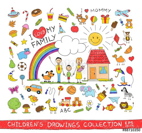 500x468 Child Hand Drawing Illustration Of Happy Family With Kids Near - Kids Toys Sketch