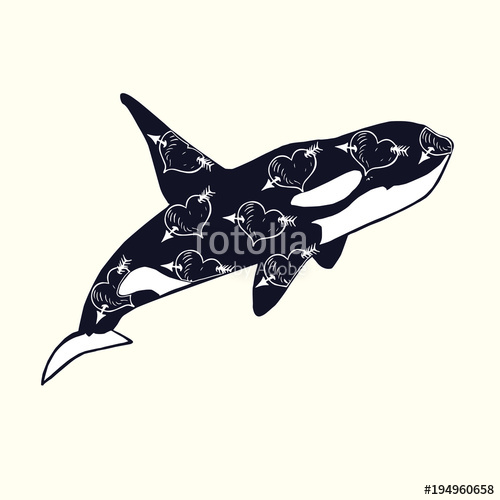 500x500 Killer Whale With Heart With Arrow Print On Skin, Hand Drawn - Killer Whale Sketch