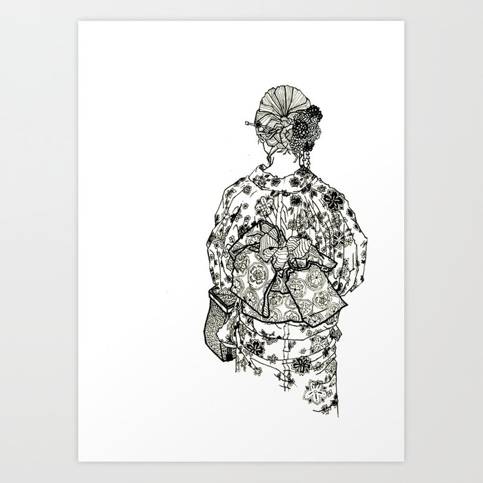 700x700 Geometric Black And White Drawing Japanese Yukata Kimono Art Print - Kimono Sketch