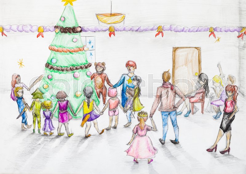 800x566 Hand Painted Sketch Of Round Dance Around Christmas Tree In - Kindergarten Sketch