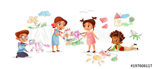 500x225 Children Drawing Pictures With Chalk Pencils Vector Illustration - Kindergarten Sketch