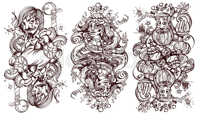 800x471 Black And White Sketch Of The Characters. King, Queen And Jack Of - King And Queen Sketch