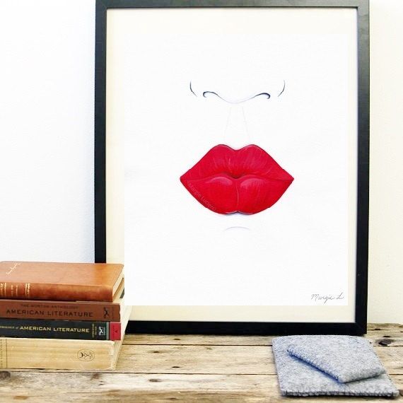 570x570 Red Lips Print 8.5 X 11 Lipstick Mark Painting. Red Kissing Lips - Kissing Lips Sketch