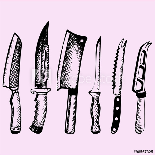 500x500 Set Of The Various Kitchen Knives, Doodle Style, Sketch - Kitchen Knife Sketch