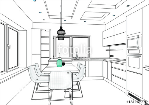 500x354 3d Vector Sketch. Modern Kitchen Design In Home Interior. Kitchen - Kitchen Sketch