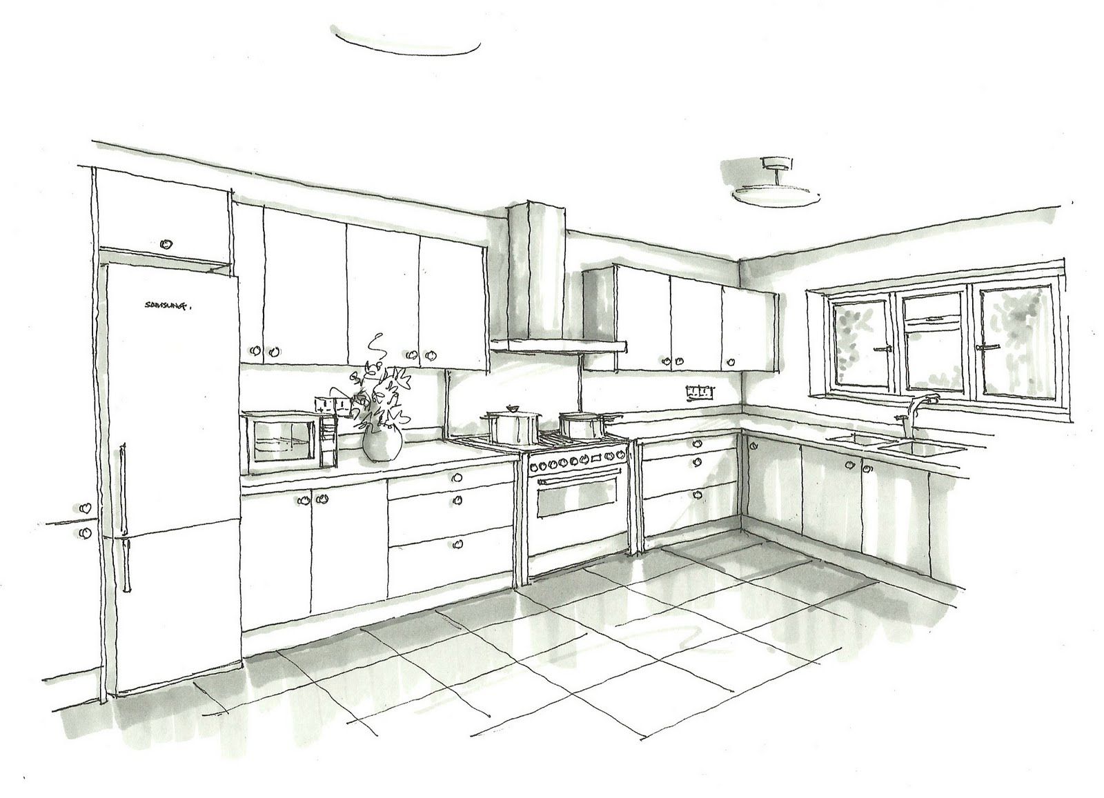 1600x1157 Drawing Furniture And Depth - Kitchen Sketch