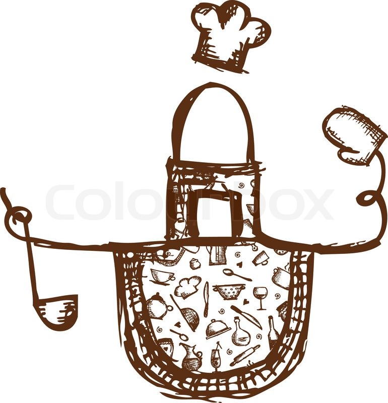 770x800 Funny Apron With Kitchen Utensils Sketch For Your Design Stock - Kitchen Utensils Sketch