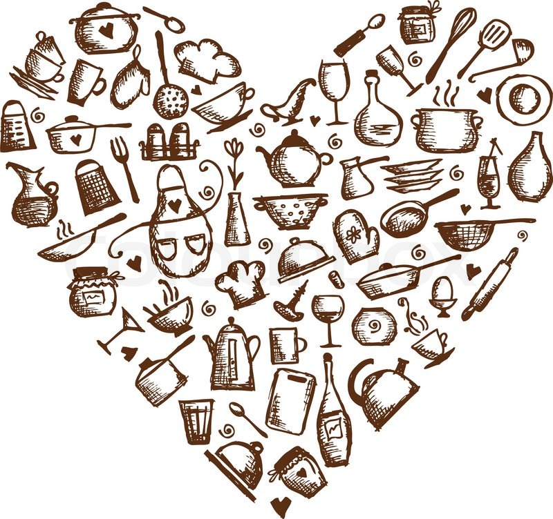800x752 I Love Cooking! Kitchen Utensils Sketch, Heart Shape For Your - Kitchen Utensils Sketch