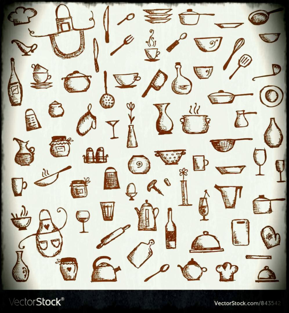 996x1080 Kitchen Utensils Sketch Drawing Vector Image Royalty Free - Kitchen Utensils Sketch