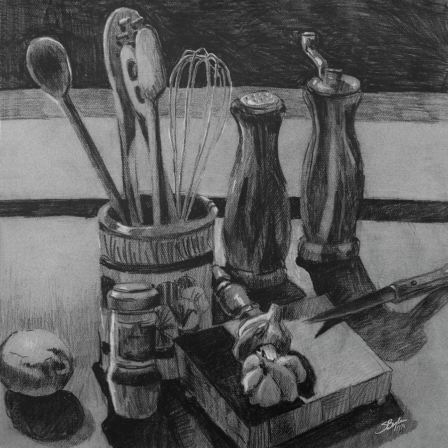 900x900 Kitchen Utensils Still Life Drawing By Stephen Boyle - Kitchen Utensils Sketch