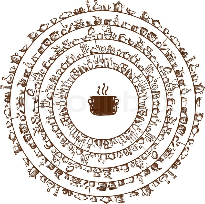 800x795 Kitchen Utensils, Sketch Drawing Frame For Your Design Stock - Kitchen Utensils Sketch