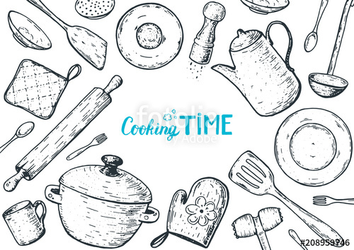 500x354 Kitchen Utensils Hand Drawn Vector Illustration. Cooking Time - Kitchen Utensils Sketch