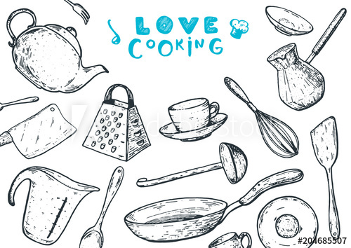500x354 Love Cooking Illustration. Kitchen Utensils Hand Drawn Vector - Kitchen Utensils Sketch
