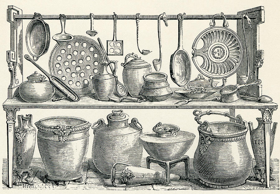 900x622 Cooking Utensils Found In Pompeii Drawing By Vintage Design Pics - Kitchen Utensils Sketch