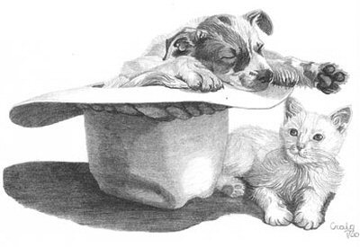 400x275 Puppy And Kitten Naptime Pencil Sketch - Kitten Pencil Sketch